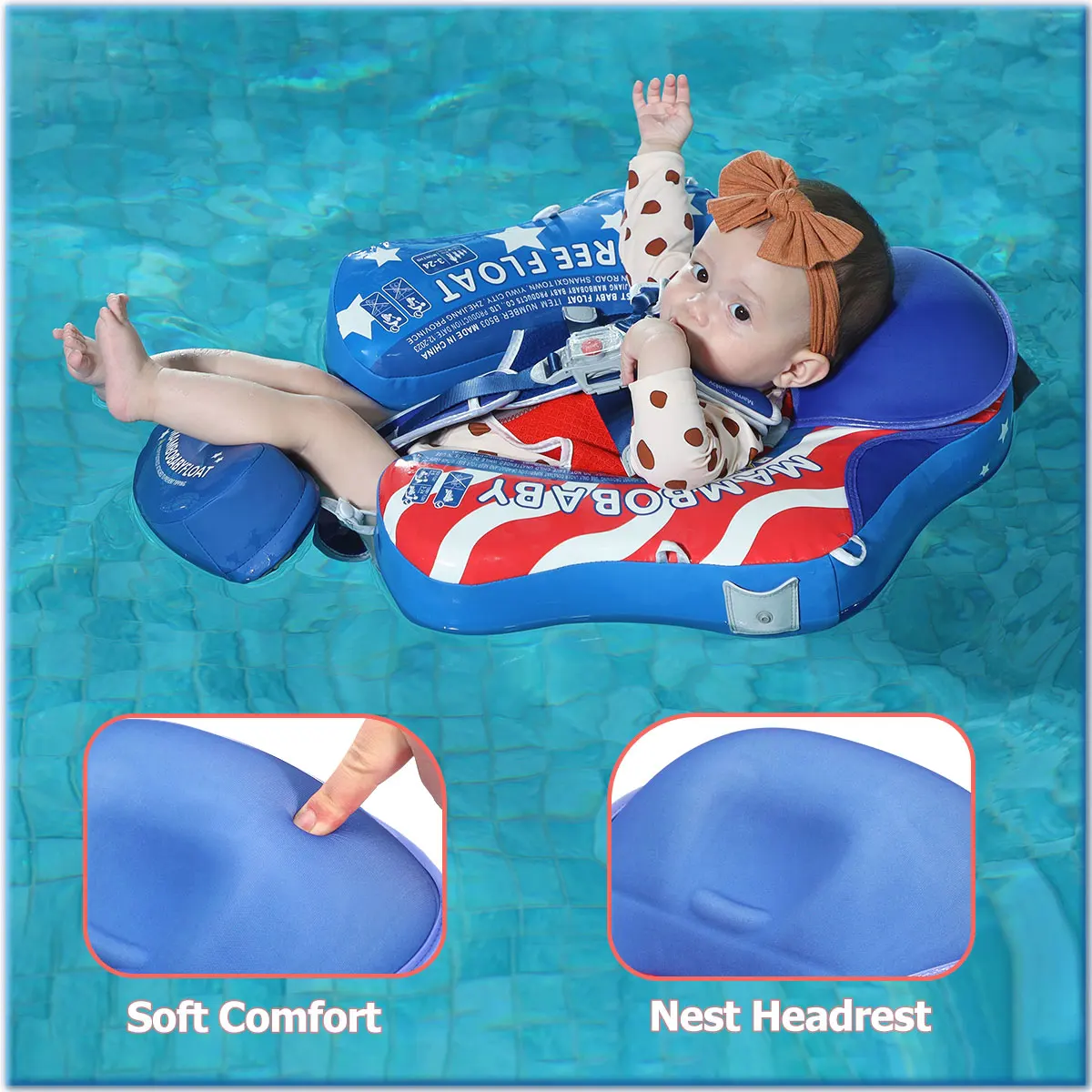 MAMBOBABY FLOAT Sunny Navigator Baby Pool Float พร้อมหลังคา US Flag ปลอดภัย Air-Free Core, สบาย, ป้องกันแสงแดดแบบปรับได้