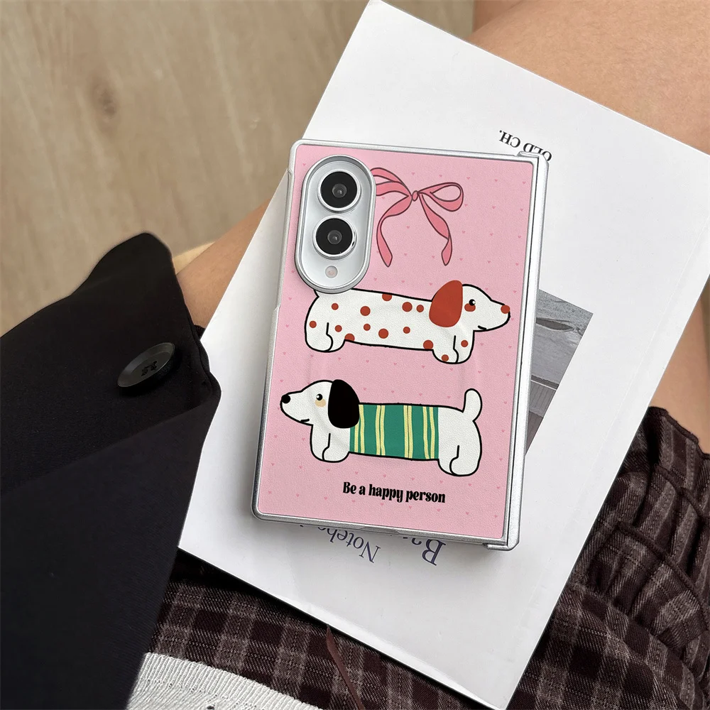 Kawaii Spotted Dachshund With Ribbon PU Phone Case For Samsung Galaxy Z Fold8/Fold7/Fold6/Fold5/Fold4 W26, Magnetic Hinge Shockp