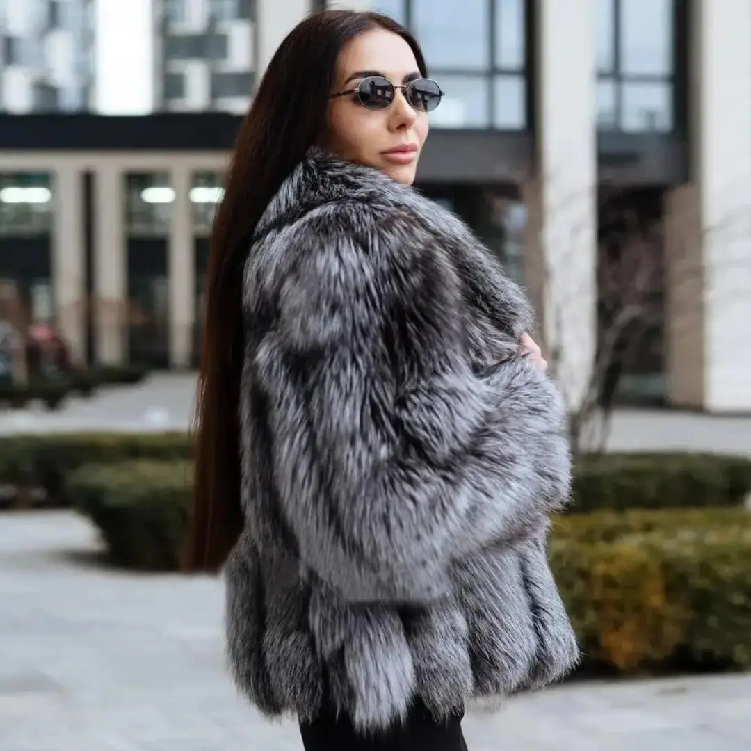 Women Fashion Real Silver Fox Fur Jacket Lapel Collar High Quality Female Genuine Silver Fox Fur Coats Casual Woman Overcoats