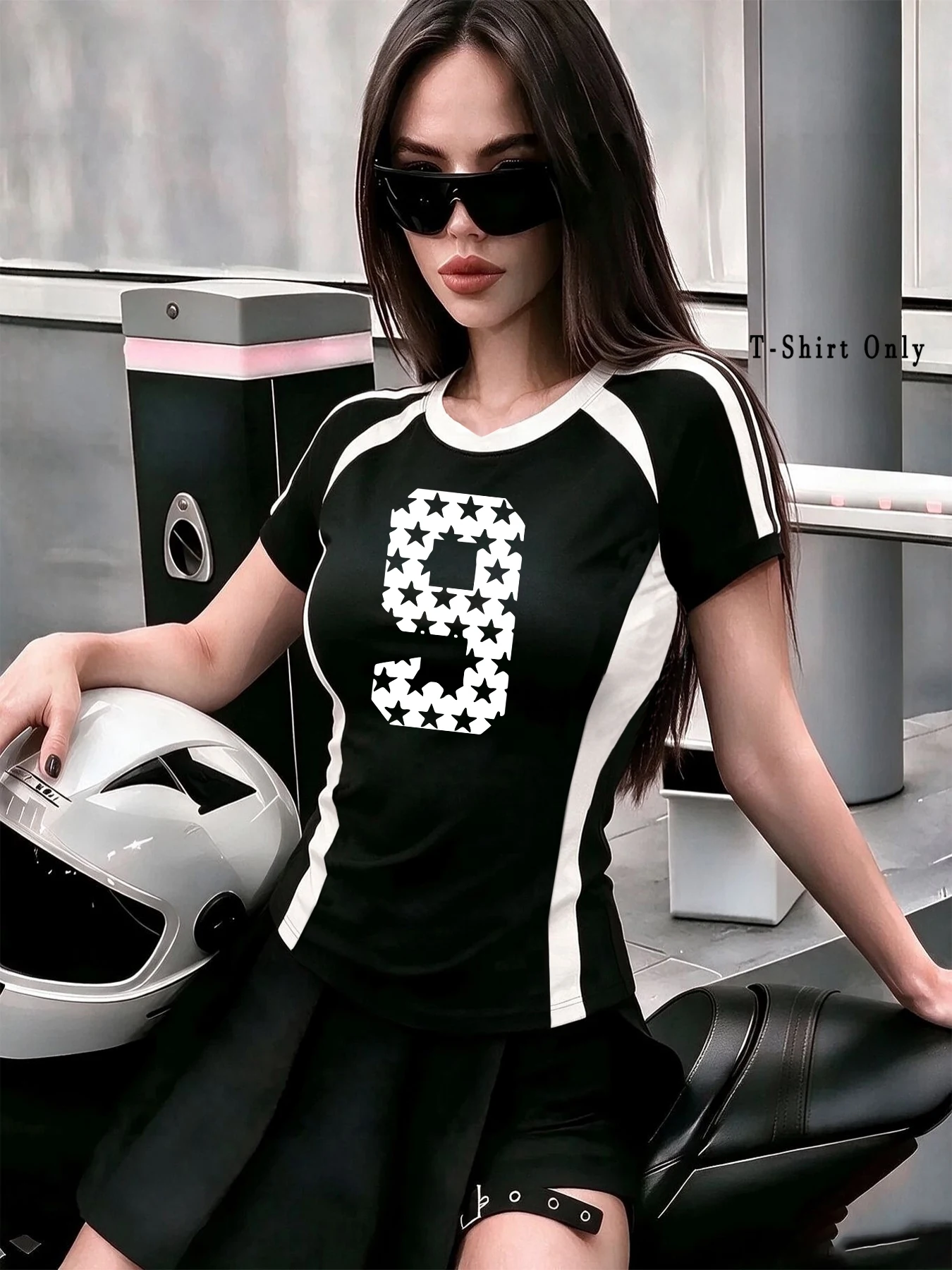 Y2K、Racing、Color Block、Number 9 Star Print、Slim Fit、Motorcycle Streetwear、Spicy Girl