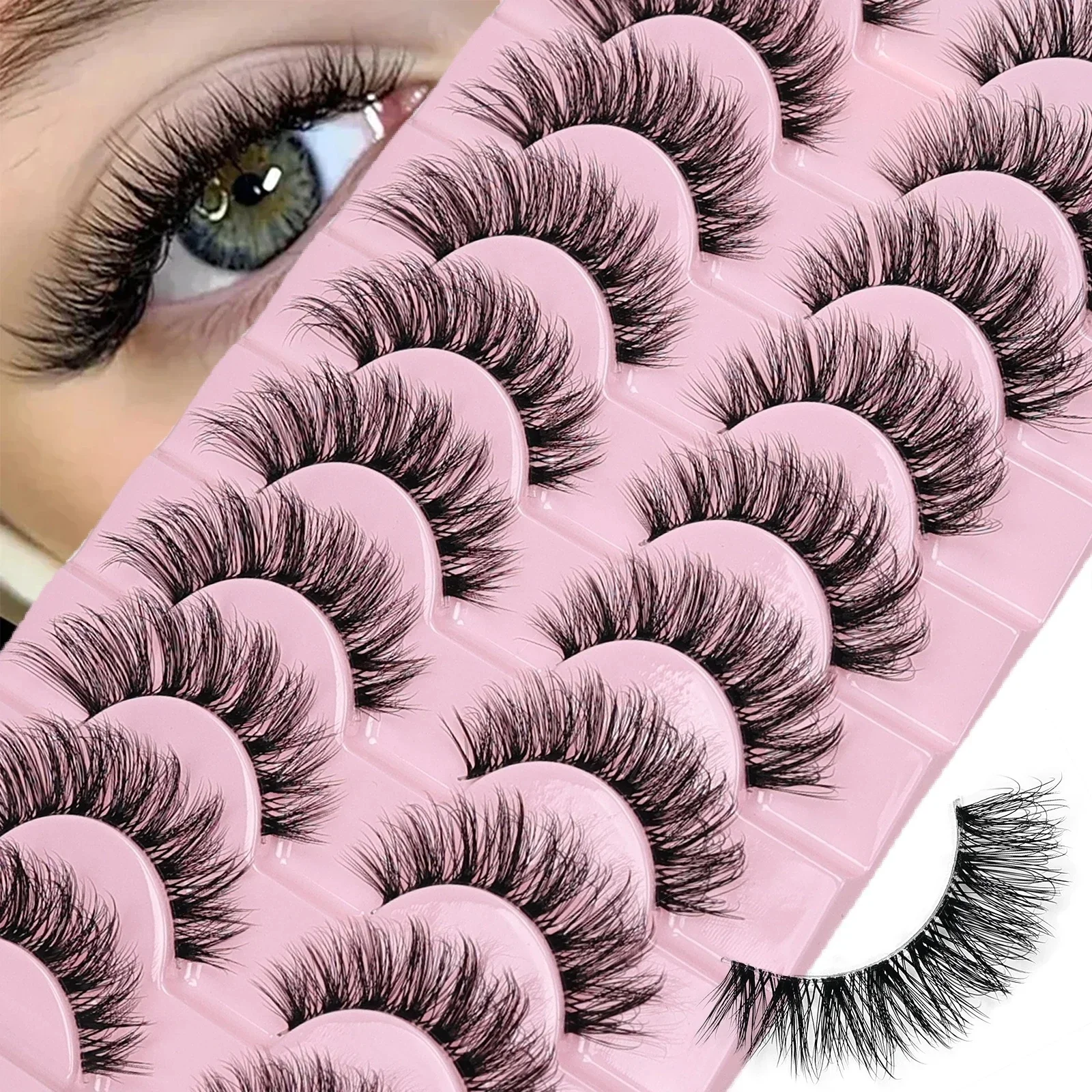 10 par naturalnych puszystych sztucznych rzęs delikatne rzęsy 3D Volume Strip Lashes D Curl sztuczne rzęsy z przezroczystym paskiem rzęsy — zdjęcie 2