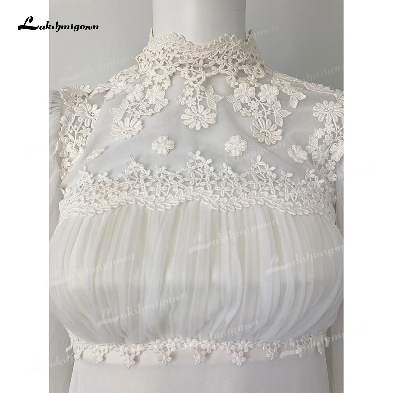 Boho gola alta completa manga alargamento do laço apliques a linha vestidos de casamento rede vestidos de noiva varrer zíper piso robe de mariée