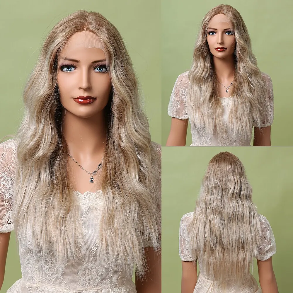 

CharmSource Blonde Lace Long Wave Wig Front Synthetic Wigs for Women Hair Party Daily High Quality High Density Heat Resistant