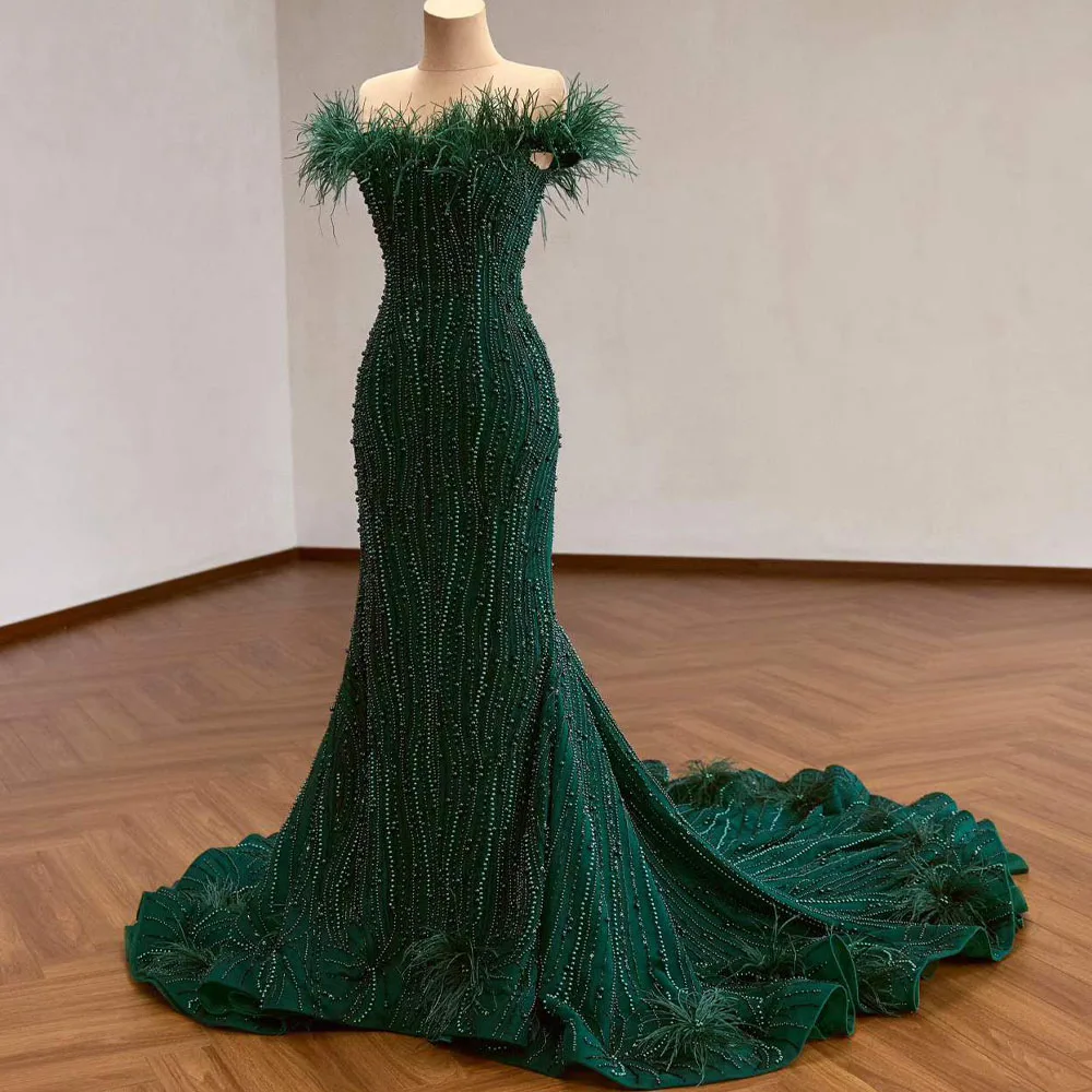 Evening Dress Green Off The Shoulder Lace Up Back Beaded Pearl Mermaid Prom Wedding Guest Dress