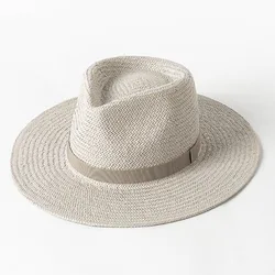 New Plain Band Panama Straw Hats for Women Summer Beach Hats Wide Brim Sun Hat Funeral Church Derby Fedora Cap UPF50+