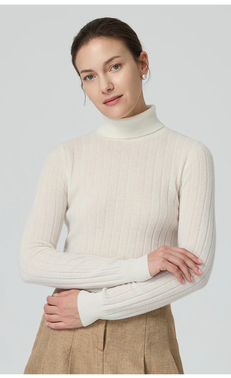 BY3521239 Luxuriöser Damen-Kaschmir-Rollkragenpullover, weicher, gerippter, schmal geschnittener Pullover, Winter-Strickware mit hohem Kragen – Detail 3