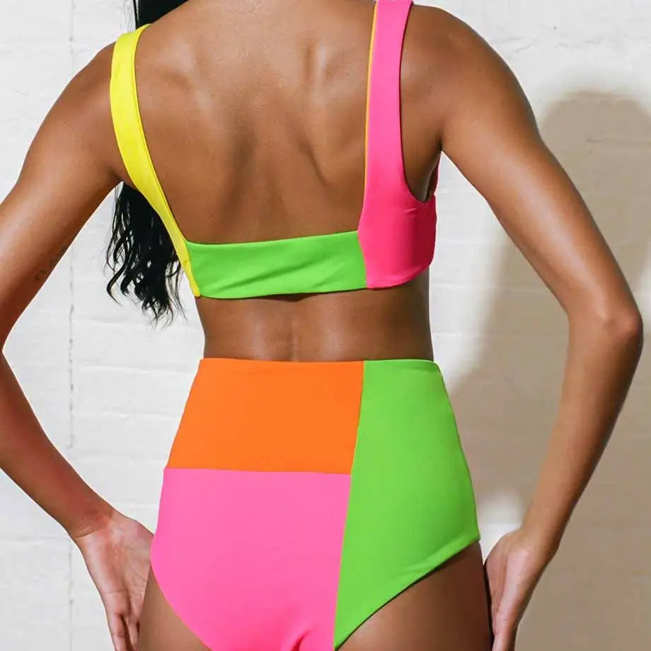 Bandaż damski strój kąpielowy fluorescencyjny Colorblock Bikini na plażę oddzielne stroje kąpielowe Bandeau Sexy wysoka talia dwie sztuki