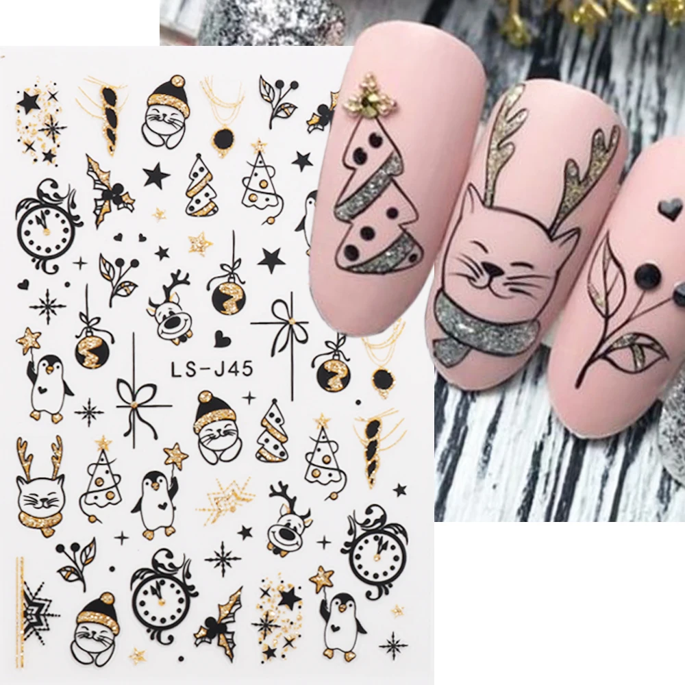 Cute Nail Stickers Cat Penguins New Year Decoration 2023 Reflective Glitter Sliders Santa Claus Winter Manicure Decals NLLS-J45