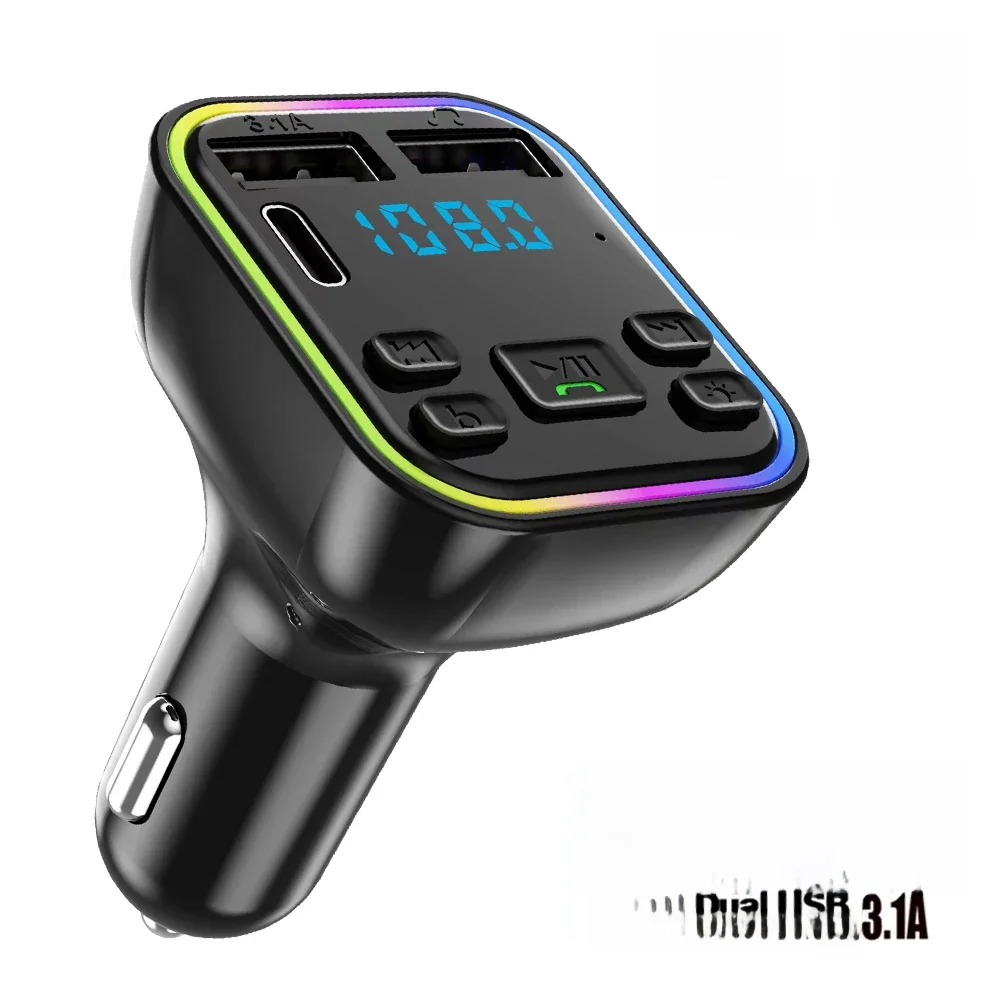 Transmetteur FM Bluetooth 5.0 PD Type-C pour Voiture, Chargeur Rapide USB 3.l'autorisation, Lumière Ambiante Colorée, Mains Libres, Lecteur Modulateur MP3