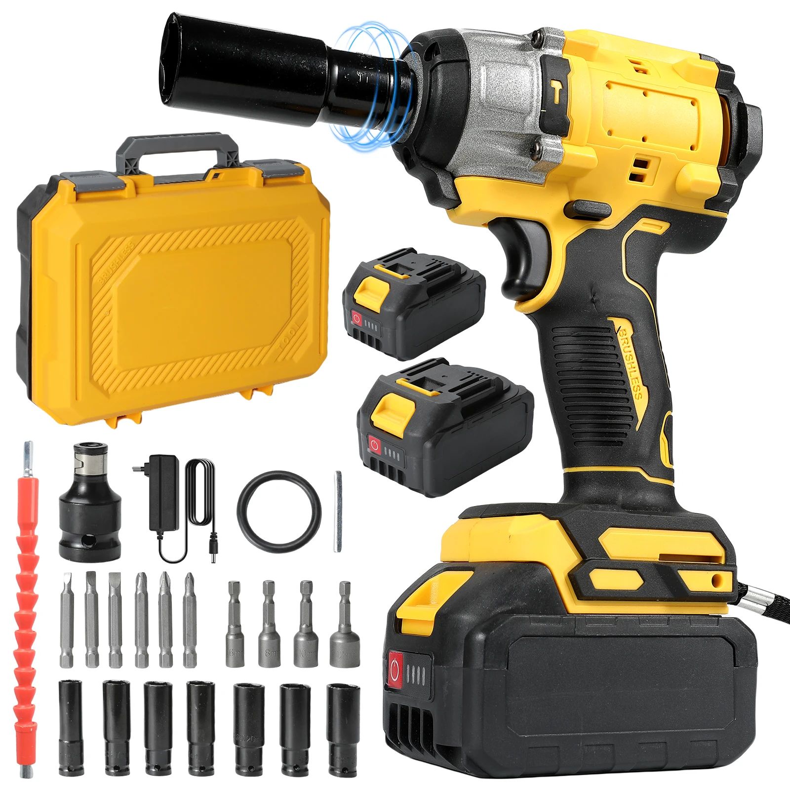 800N.m Hochdrehmoment Bürstenloser Akku-Schlagschrauber 2 Geschwindigkeiten 0-1990/0-3300 U/min Automatische Rückwärtsfunktion LED-Arbeitsleuchte 2×4000mAh Lithium-Akku 1 Stunde Schnellladung 1/2 Zoll