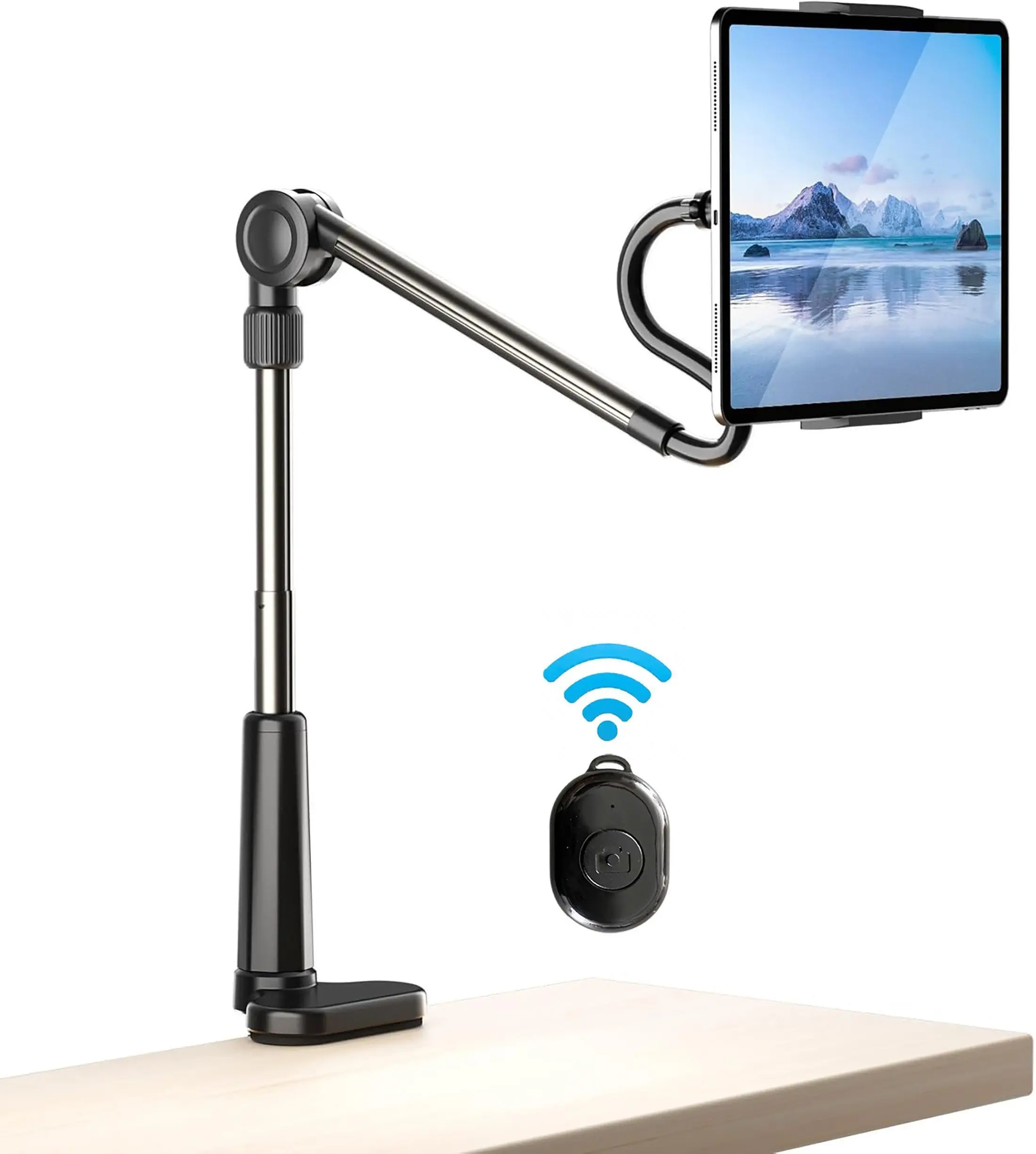 Mobiele telefoonhouder met flexibele zwanenhalsbevestiging en 360° rotatie ° Draaikoppeling & 180 ° Kantelbare (telefoonhouder & tablethouder) verstelbare telescopische standaard met