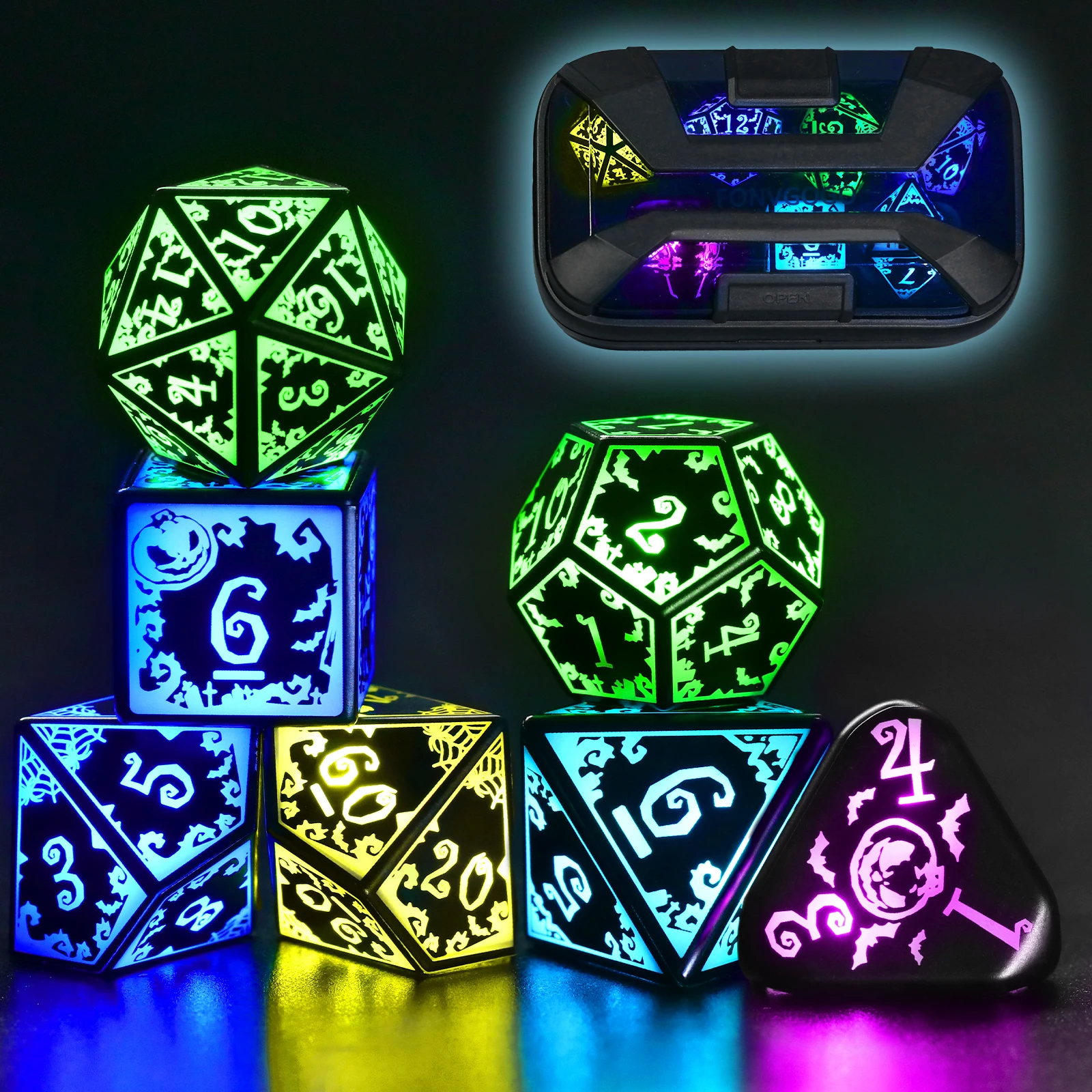 

Набор кубиков Light Up DND, перезаряжаемые светодиодные кубики в форме тыквы, набор D и D, 7-цветные многогранные ролевые игральные кости для ролевых игр для настольных подарков DND