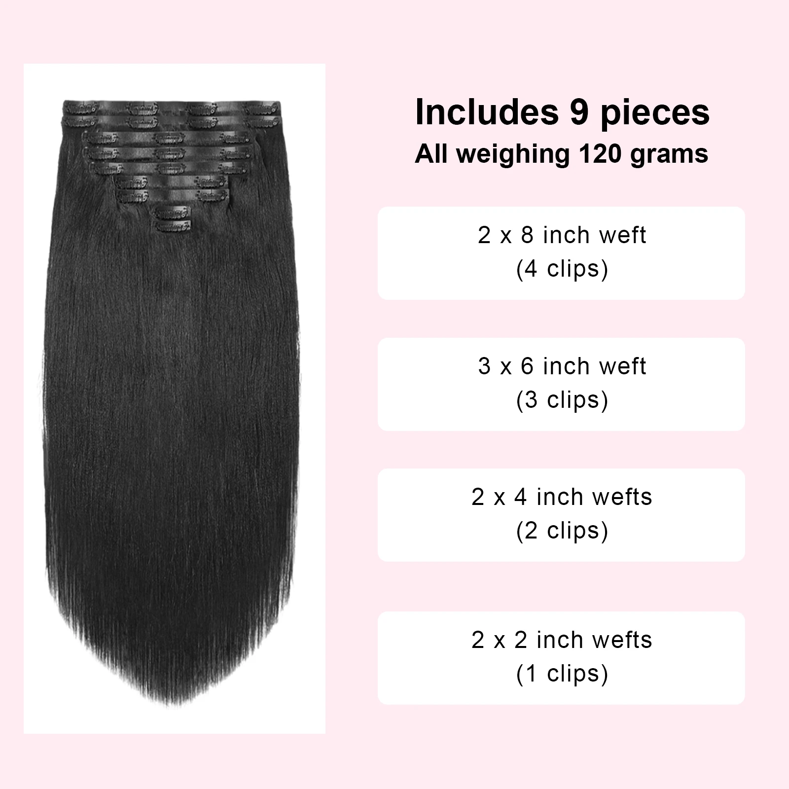 Clip dritta in PU nell'estensione dei capelli Colore nero naturale Clip di Remy brasiliana Ins Estensioni dei capelli umani al 100% 120G 9 pezzi Capelli veri