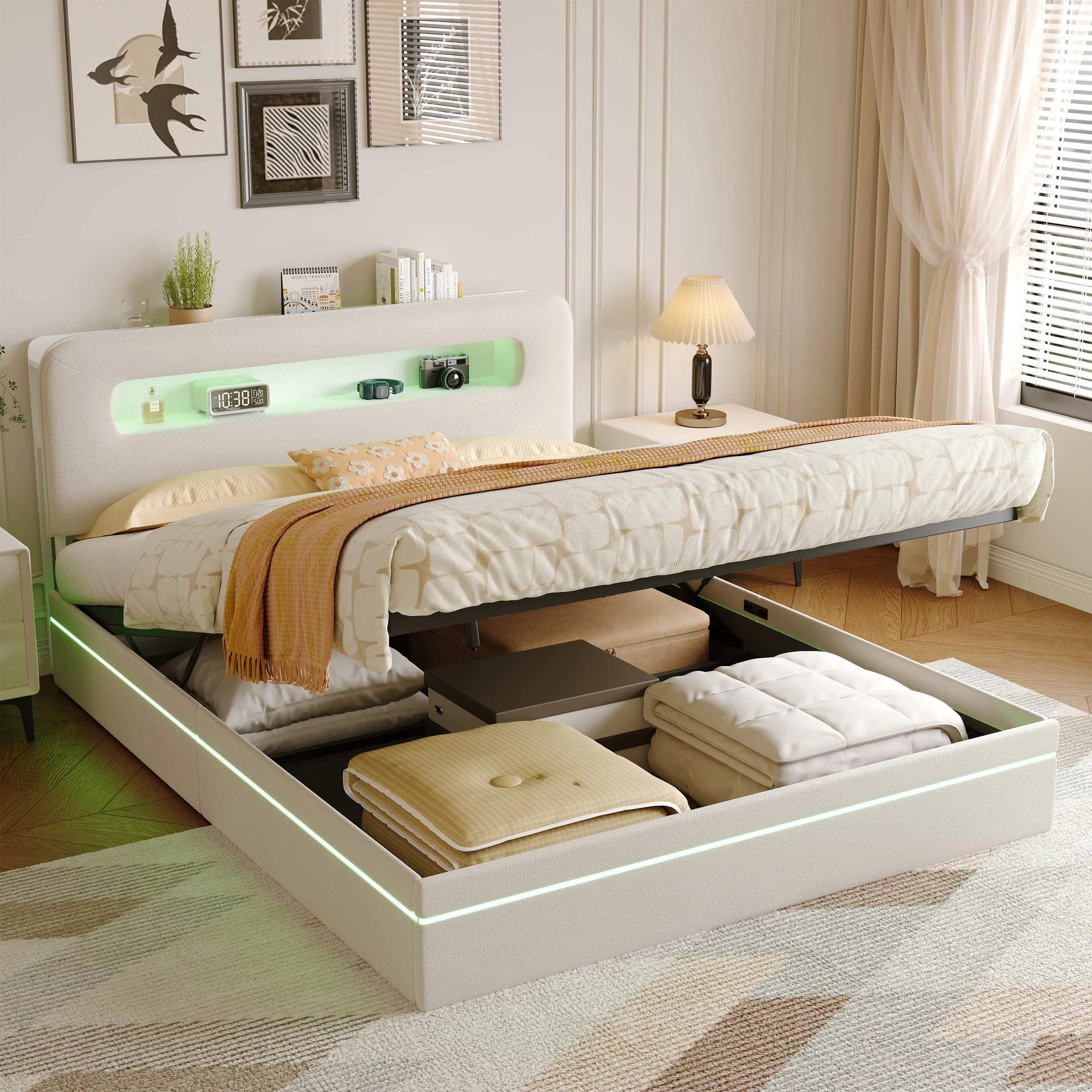 Lit avec espace de rangement, 160x200 cm, avec éclairage LED et port USB, lit double rembourré avec rangement et tête de lit