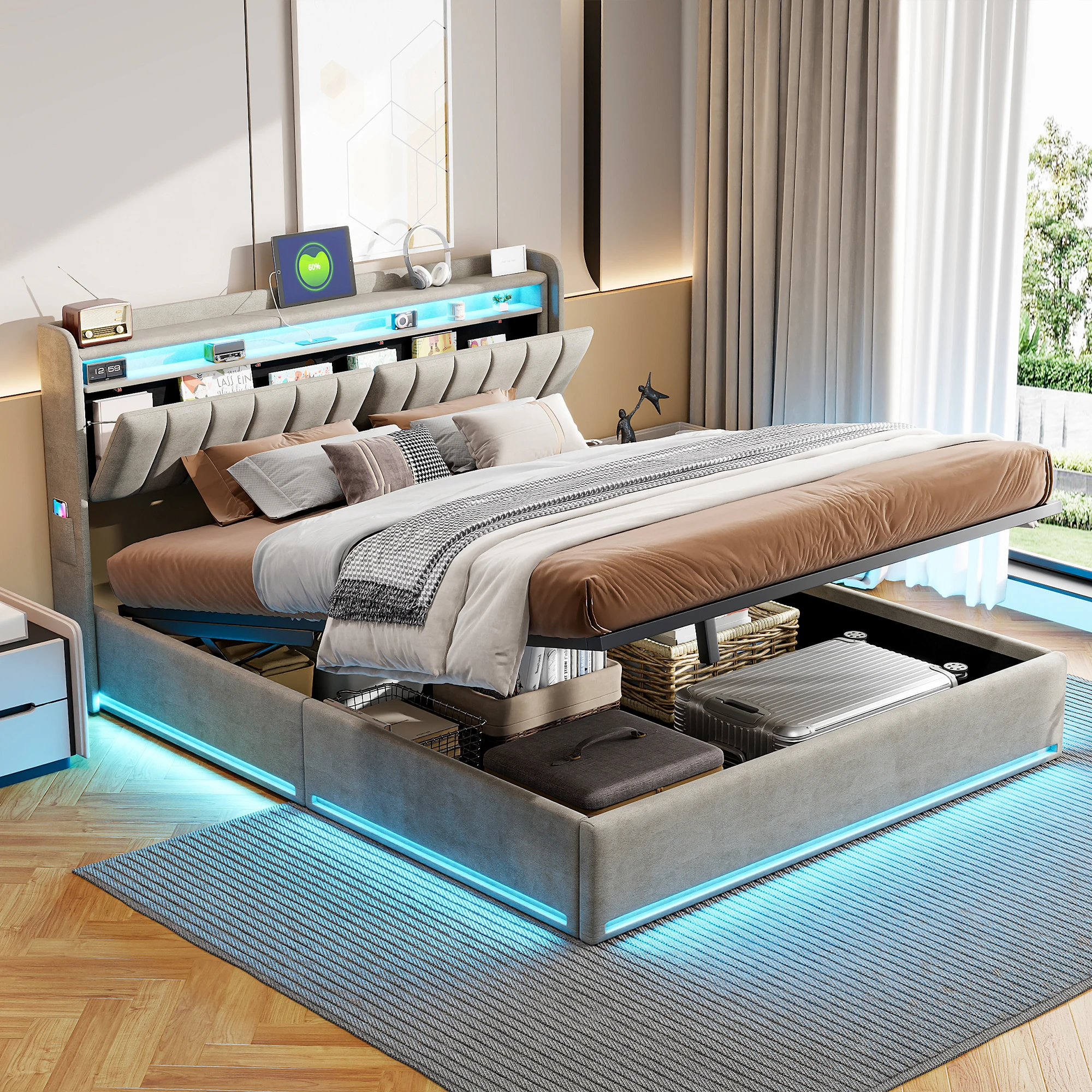 Hydraulic Bed 140 x 200 cm with LED,Upholstered Bed with USB,Headboard with Storage Space,Bed Frame,for Bedroom,Guest Room,Grey
