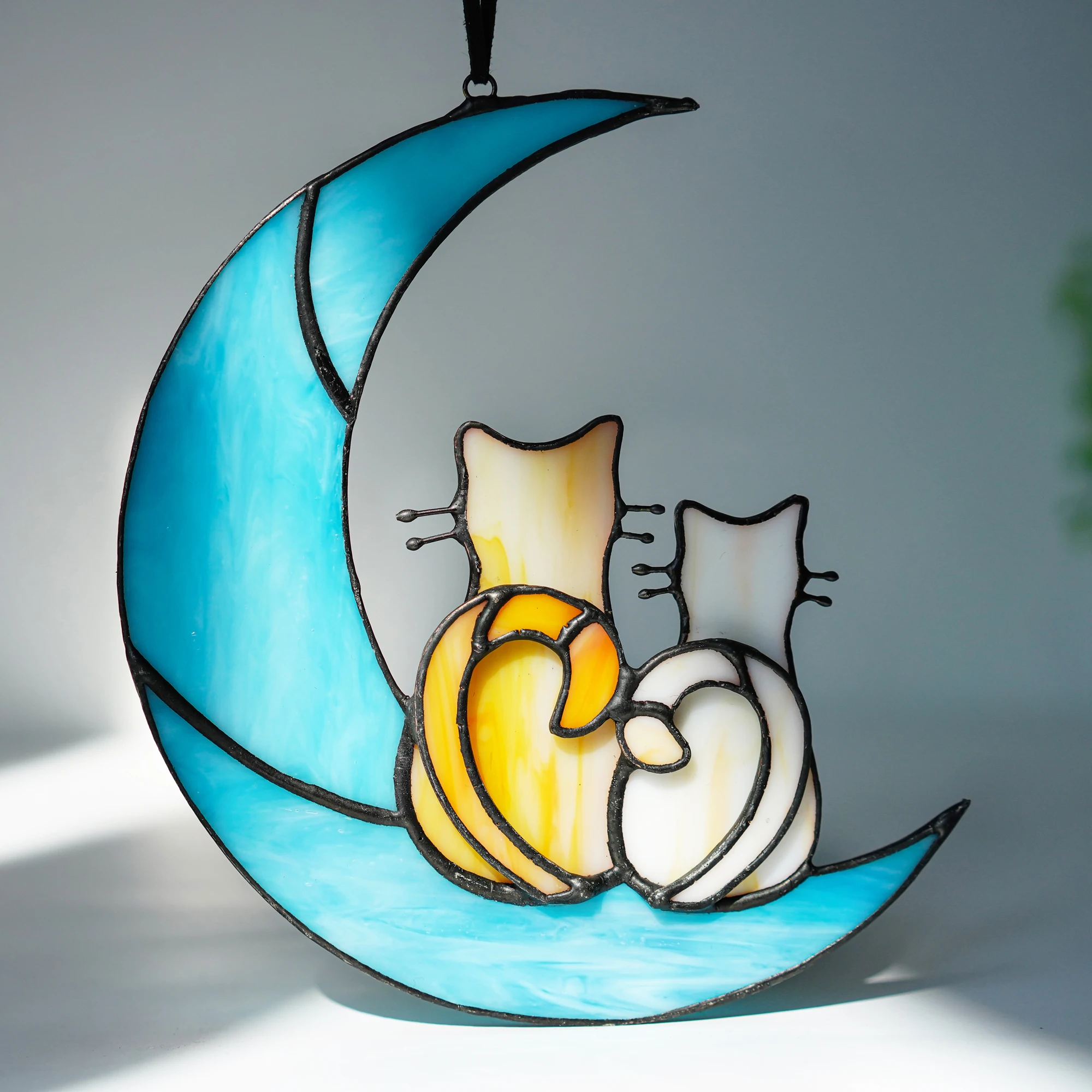 

Crystal Cats on Blue Moon Stained Glass Window Hanging Suncatcher Halloween Memorial Gifts for Cat Loves Gargon Hanging Decor