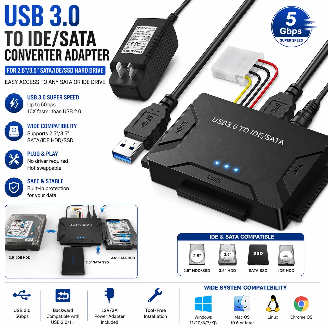 USB 3.0 To IDE SATA Converter Adapter 2.5 3.5 HDD SSD Hard Drive Cable Kit