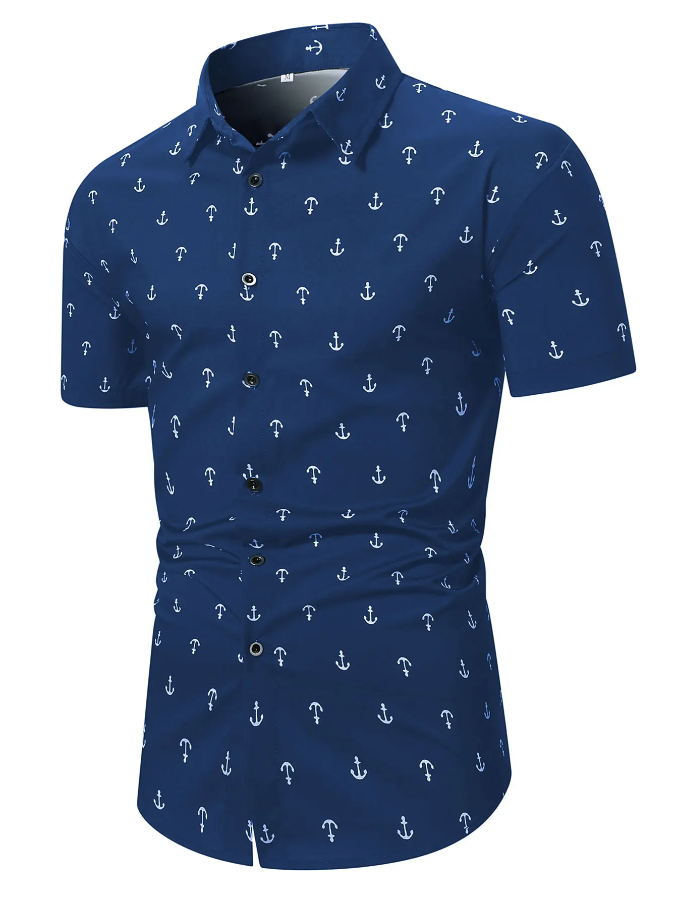 2024 Men\'s Anchor Graphic Pattern Print Short Sleeve Button Down Lapel Shirt, Casual And Chic Tops For Summer Outdoors Wear