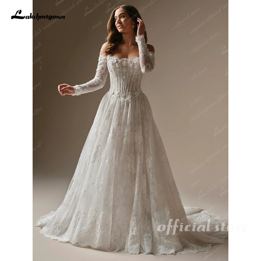 Lakshmigown Brautkleider mit U-Boot-Ausschnitt und Spitze für Frauen, lange Ärmel, Spitzenapplikationen, Robe De Soiree De Mariage, maßgeschneidert. – Detail 6