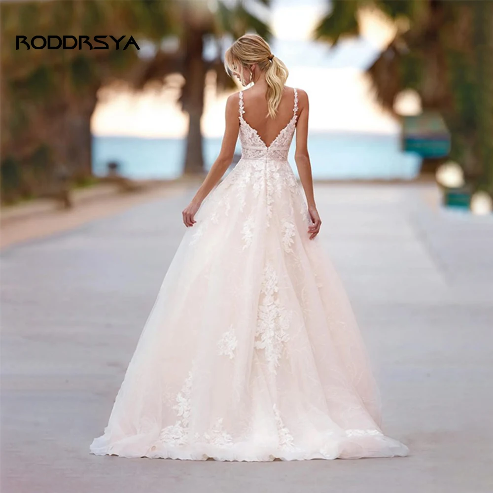 RODDRSYA-Robe de mariée dos nu à col en V avec appliques A-Line pour femmes, dentelle de luxe pour les patients, fête éducative, sur mesure, 2024 Robe de mariée dos nu à col en V avec appliques A-Line pour femmes, dent