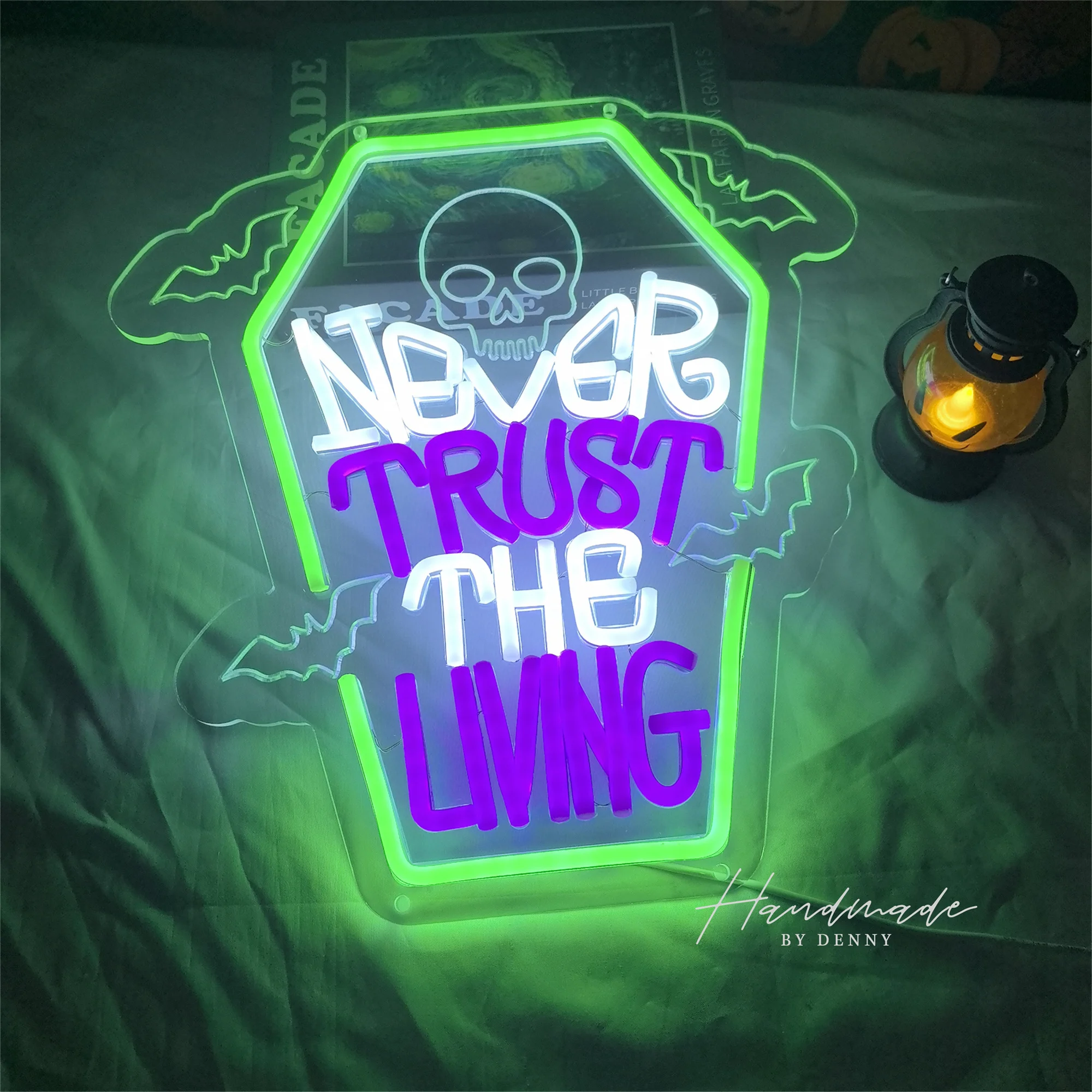 Never Trust The Living Neon Sign ,Halloween Led Sign Wall Decor for Party Chamber Secrets Spooky House Bedroom ,Halloween gifts