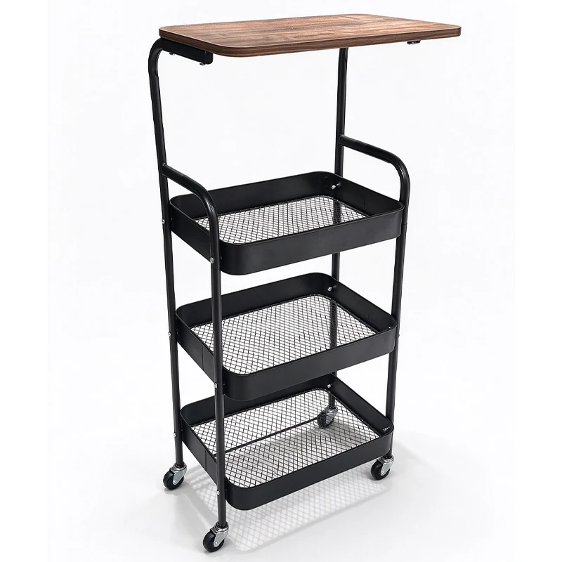 Mobile Utility Rolling Cart with Wooden Tabletop, Multi-tier Metal Mesh Storage Baskets & Swivel Locking Casters, Versatile Home Organizer Trolley for Living Room, Bedroom, Kitchen, Office & Apartment