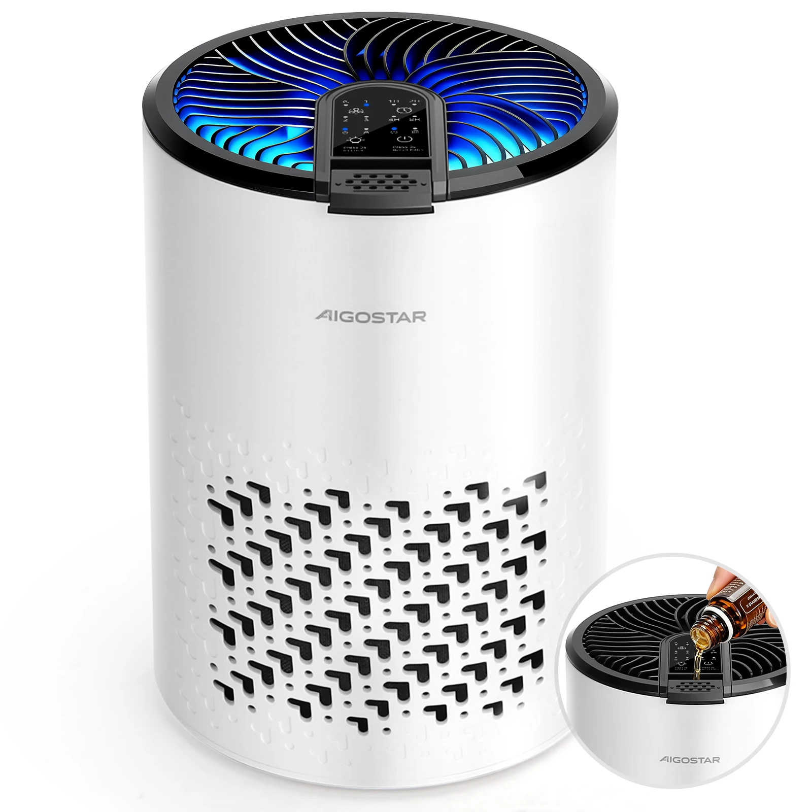 Aigostar Luftreiniger Allergiker, 4-fach HEPA-Filter & Profi-Aktivkohle gegen Rauch, Pollen, Tiergerüche, Tierhaare, 15dB Air Purifier für Raucherzimmer, Schlafmodus, Aromatherapie, Energiesparend