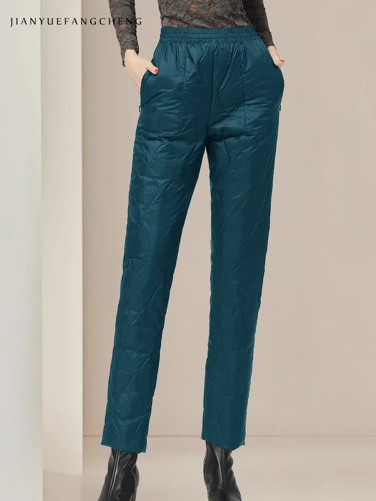 أزياء المرأة أسفل سروال رصاص لفصل الشتاء مرونة الخصر الدافئة سميكة بطة بيضاء أسفل مبطن السراويل الطويلة مع جيوب