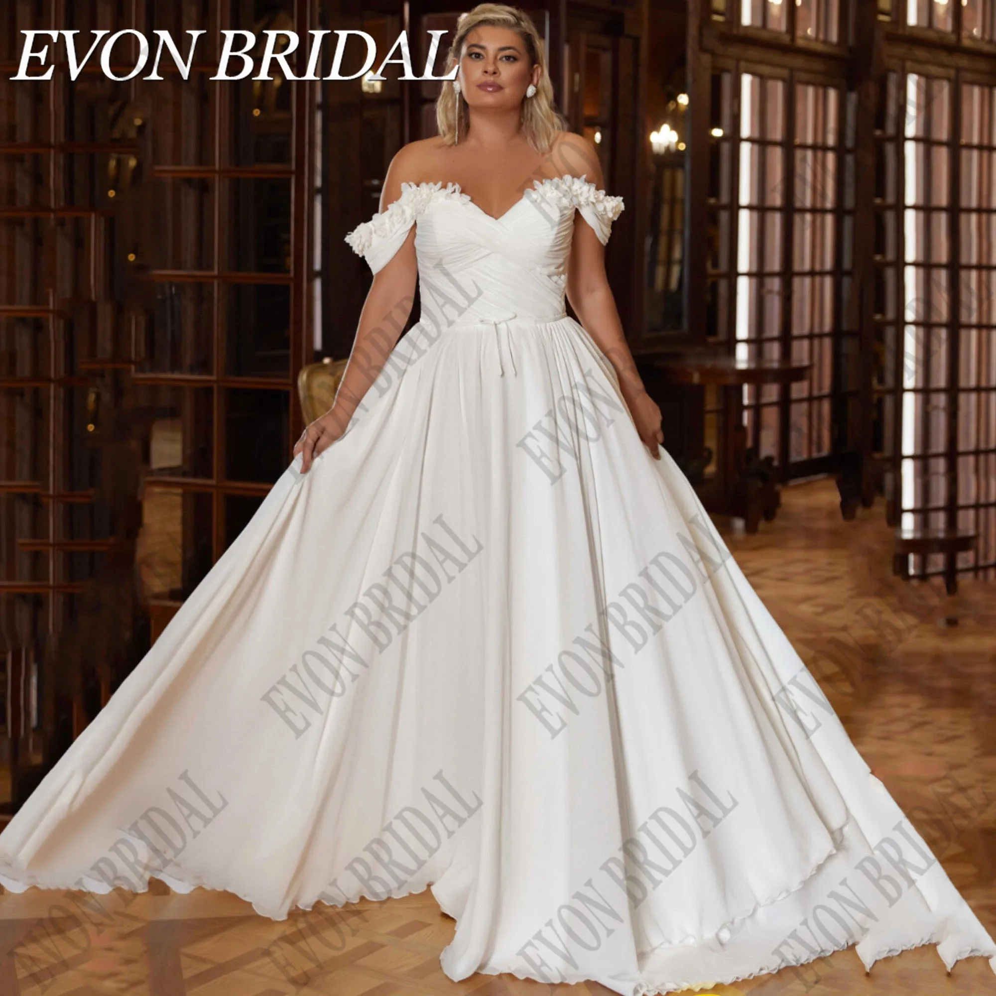 

EVON BRIDAL Chiffon Wedding Dresses Plus Size For Bride Off Shoulder V-Neck Flowers Bride Gowns A-Line Elegant Vestidos De Novia