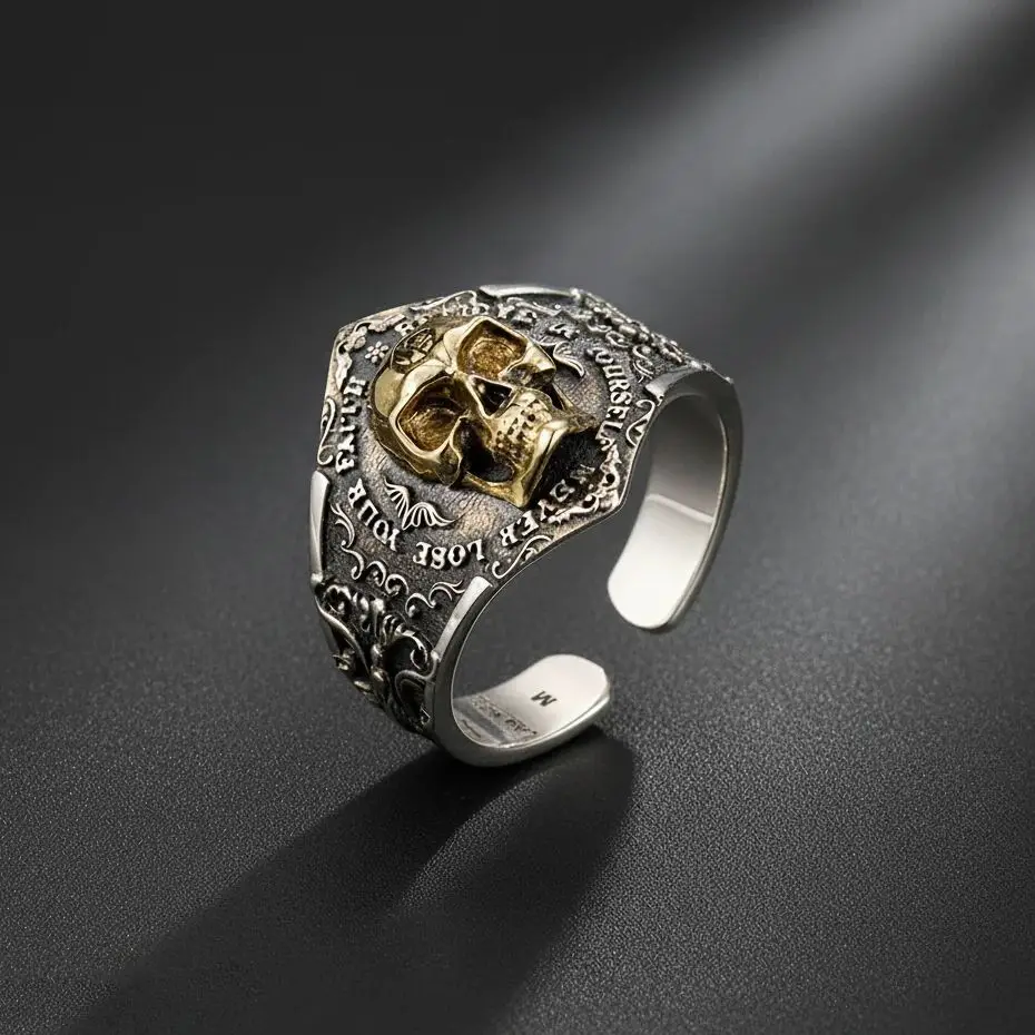 

925 Sterling Silver Viking Skull Ring Gothic Skeleton Adjustable Band for Men Dark Soul Awakening Jewelry for Halloween Biker