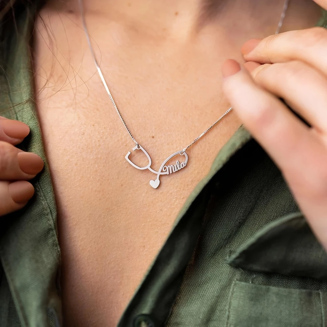 Custom Stethoscope Name Necklace Stainless Steel Engraved Minimalist Jewelry, for Nurses Doctors Nurse's Day Casual Accessory view 5