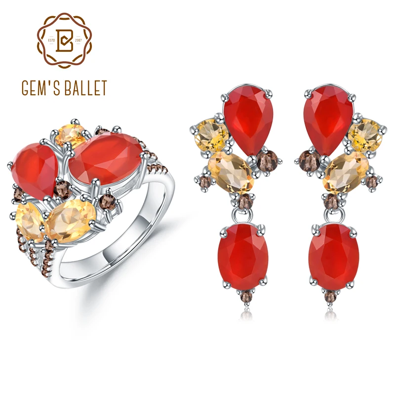 GEM'S BALLE 925 Sterling Silver Colorful Candy Jewelry Set Natural Red Garnet Citrin Ring Earrings Sets For Women Fine Jewelry