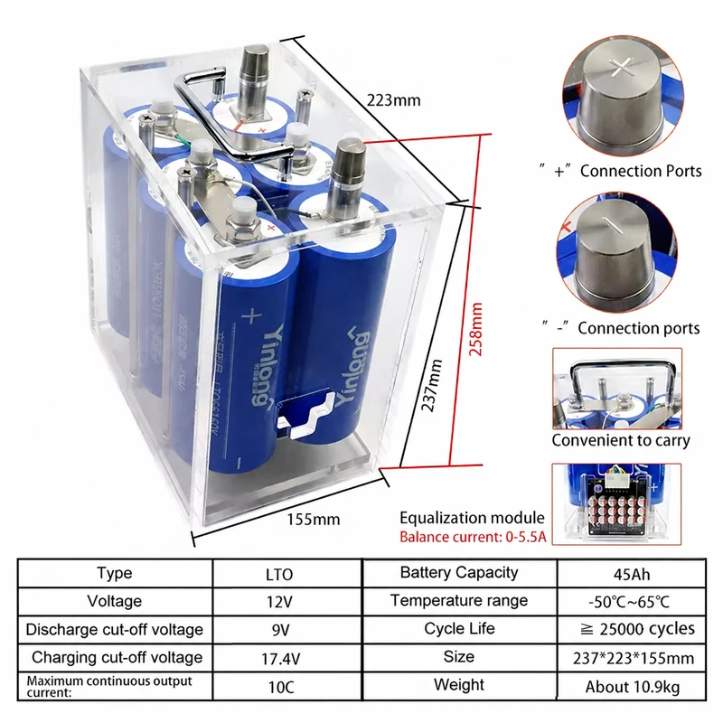 12V LTO-Batterie EU-Lager 3-12 Tage, 10C 450A Entladung, 25000 Zyklen für Wohnmobil, Solar, Marine, Golfwagen, -50 ° C Extreme Kälte