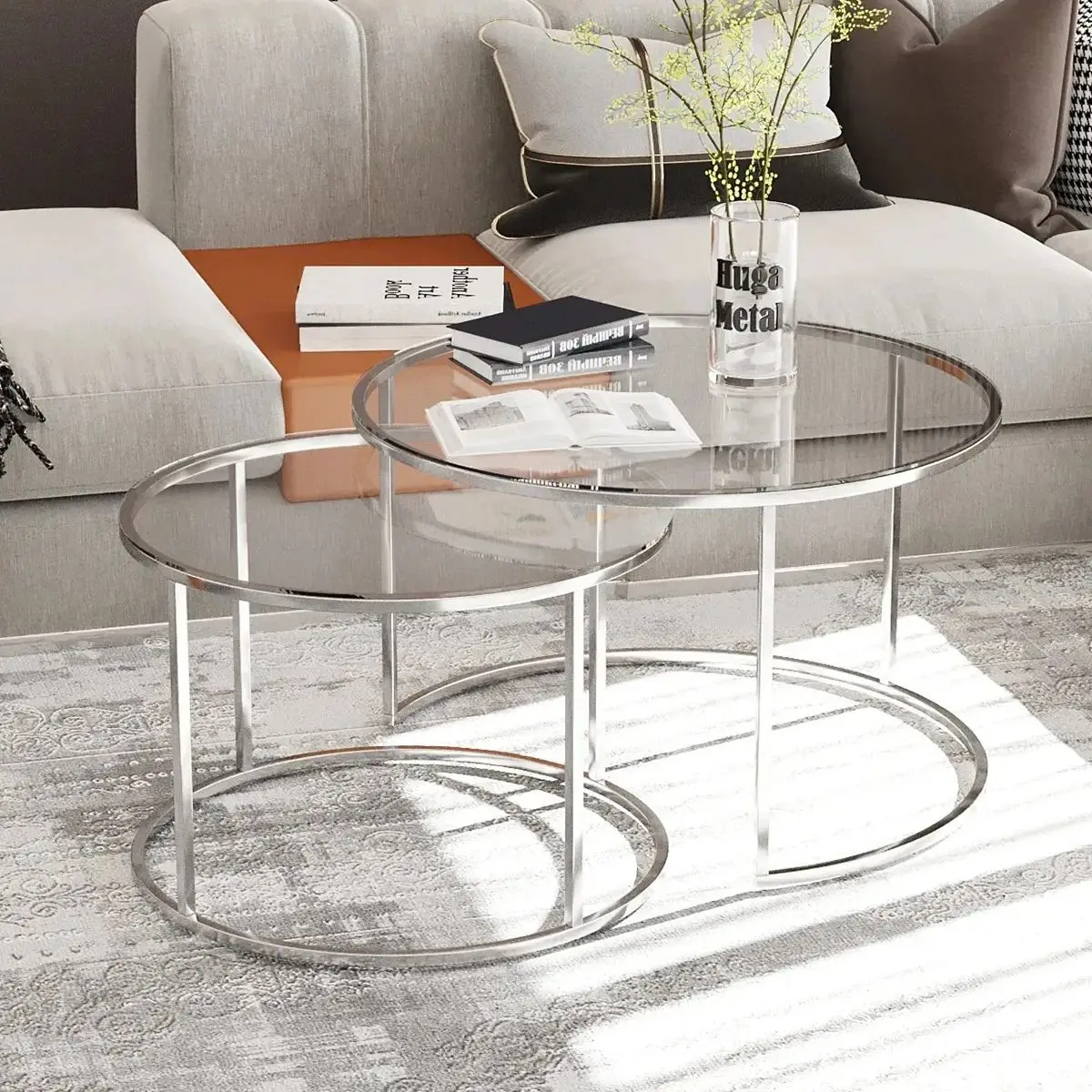 Modern Set of 2 Center Tables Silver Transparent Unbreakable Glass Luxury Design Coffee Tables Home Living Room 3 Pcs Furnitures