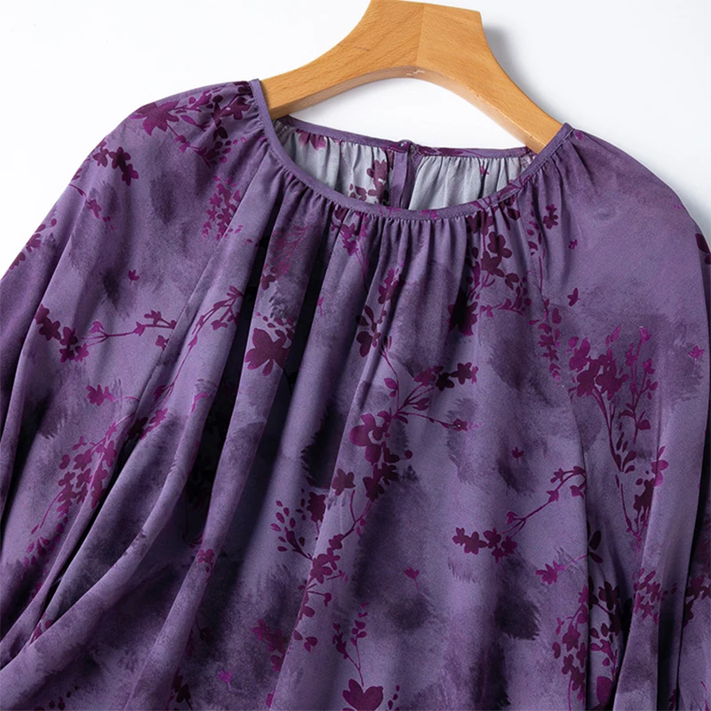 Damen-Seidenbluse, 100 % Maulbeer-Krepp-Seide, lila Blumenmuster, lockerer Pullover, Top, Hemd, 2025, Bürodame, Arbeit, M1304