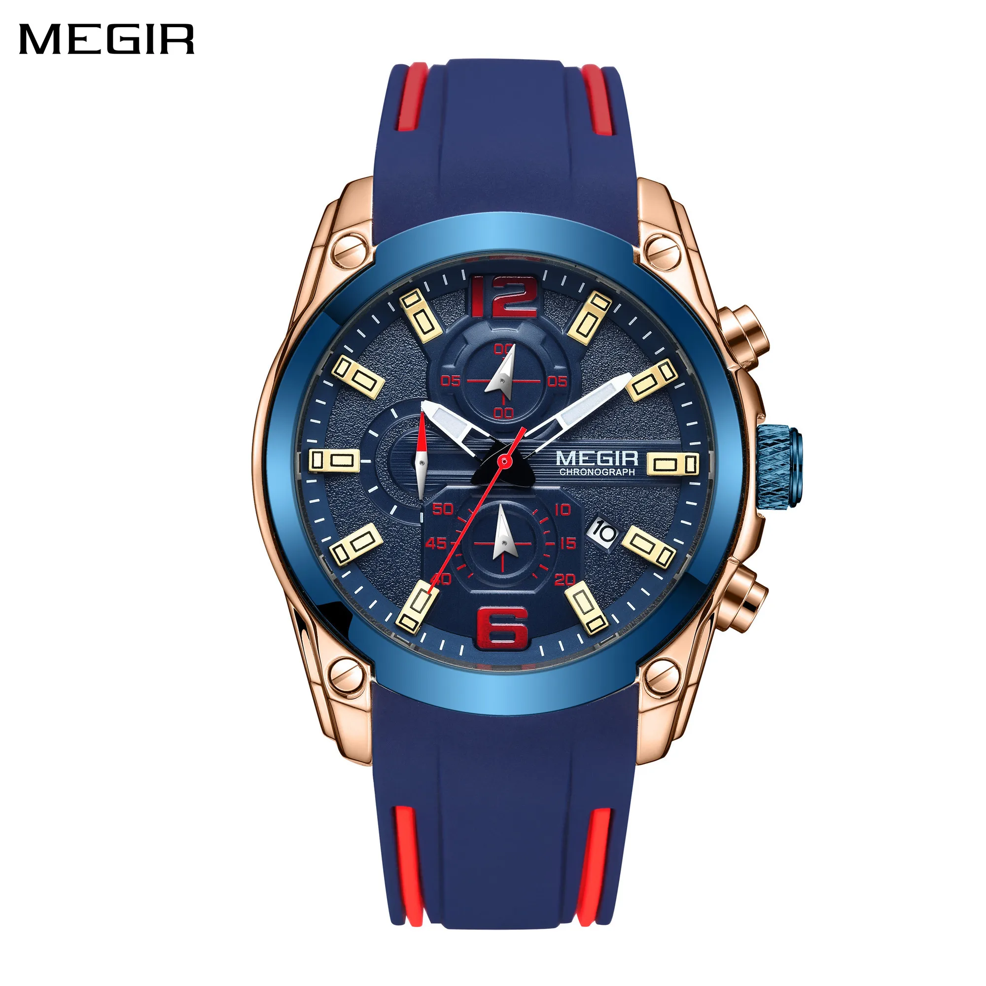 MEGIR Blue Men's Chronograph Quartz Watches for Men Silicone Waterproof Luminous Hands Sports Military Watch Clock Wristwatches