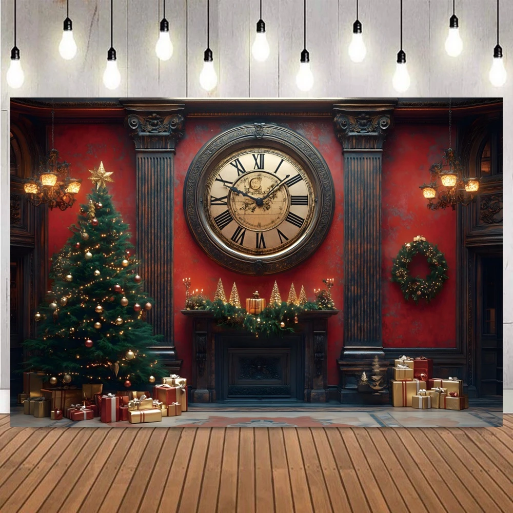 Christmas Photography Background Xmas Tree Gifts Vintage Clock Red Wall Snow Winter Baby Kids Portrait Banner Backdrop Props