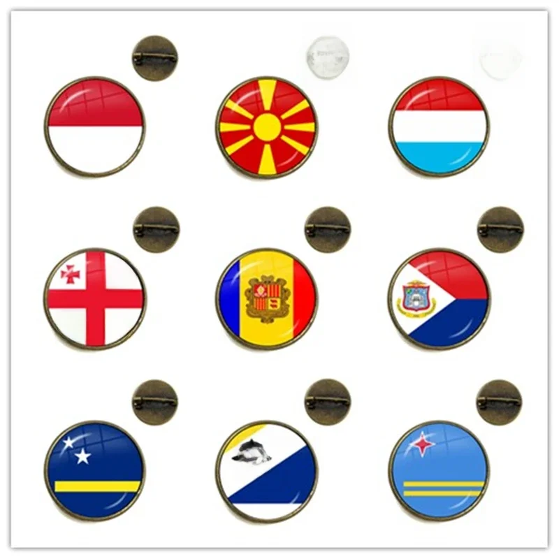 MCO, Macedonia, Luksemburg, Gruzieńczy, Andora, Eilandgebied Sint Maarten, Curacao, Bonaire, Aruba Nation Flag Szklane broszki Szpilki — zdjęcie 2