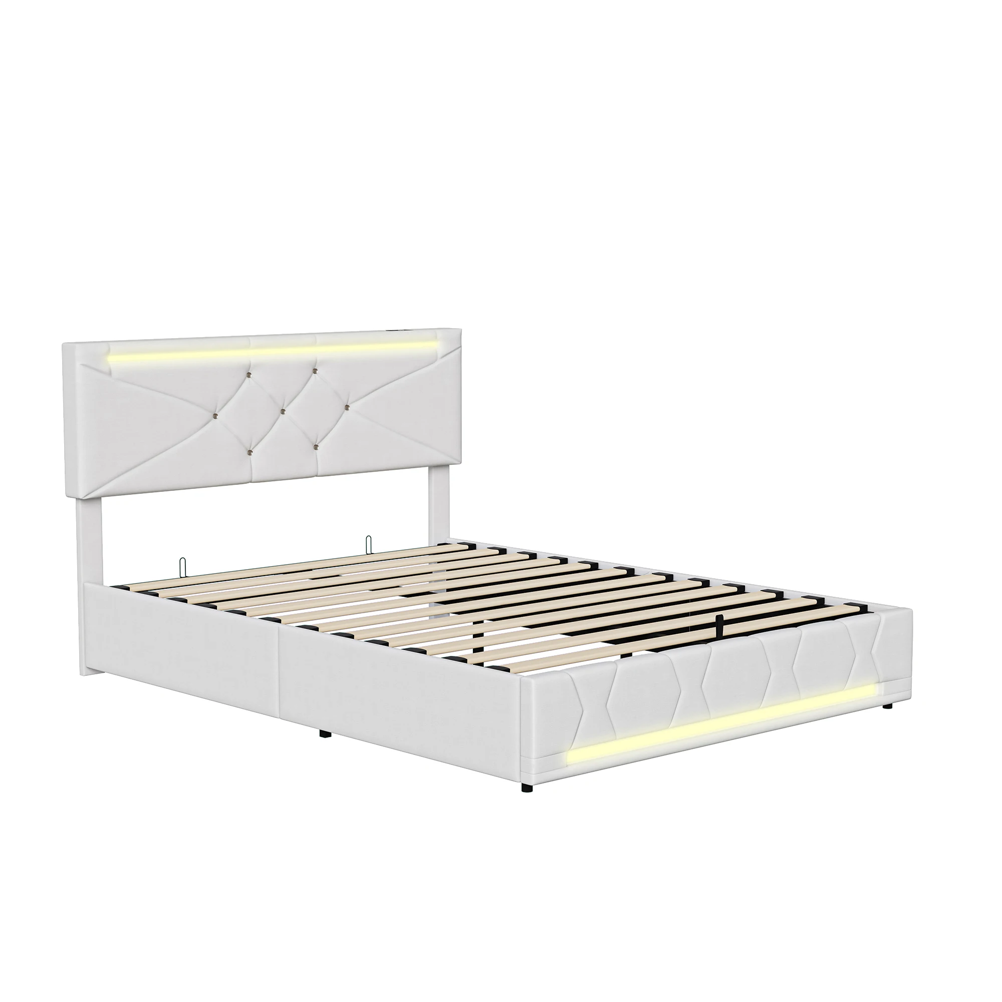 Hydraulisches Stauraumbett 140x190, Polsterbett Doppelbett, Bett mit Stauraum und Kopfteil, Jugendbett Funktionsbett Bettgestell mit Bettkasten und Lattenrost, Leinen, Beige