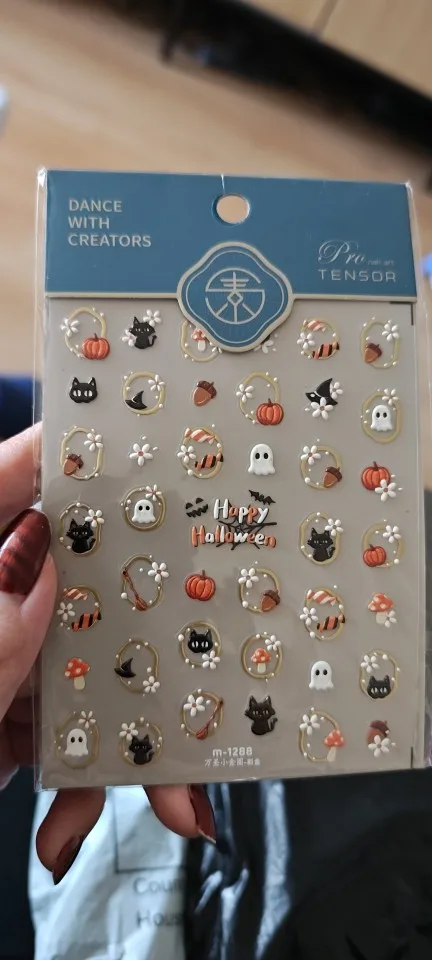 5D Embossed Halloween Nail Stickers Self‑Adhesive Nail Decals with Ghost Pumpkin Cat Mushroom Patterns Gold‑Trim Manicure Slider photo review