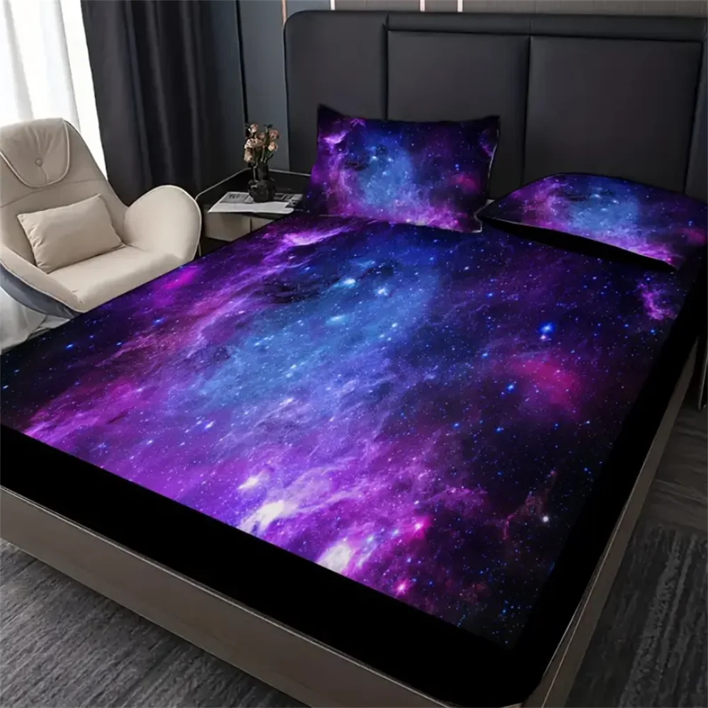 2/3pcs Vibrant Purple Galaxy Space Star Aviation Nebula Fitted Sheet Set - Soft, Breathable, Comfortable, Deep Pocket Mattress