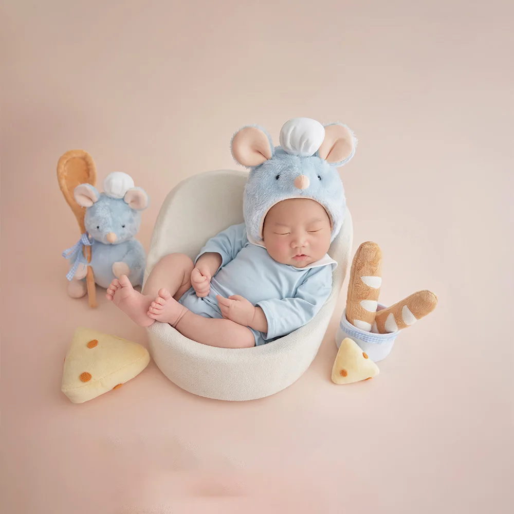 Infant Photo Shoot Props Cute Chef Mouse Hat with Ears Plush Food Toys Chef Mouse Doll Newborn Studio Professional Accessories view 2