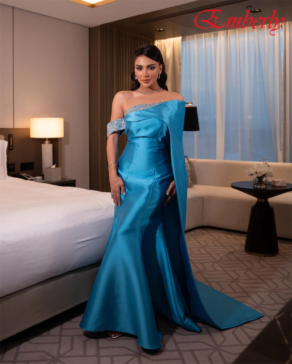 Customized Off the Shoulder Satin Mermaid Evening Dress Sparkly Crystal Party Dresses Temperament Special Occasion Gowns