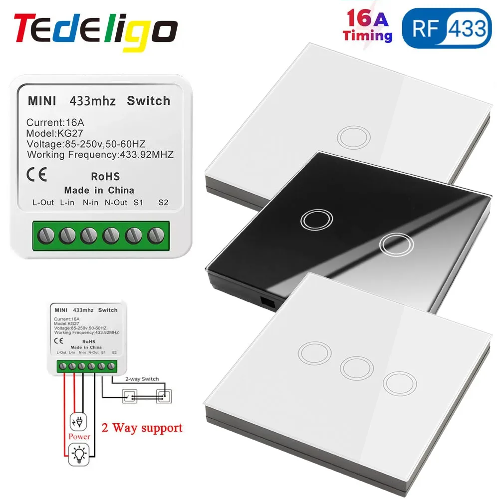 Light Wireless Remote Control Switch Touch Button Wall Switch Set 110V 220V 16A Timing Module 2 Way Control Support Glass Panel