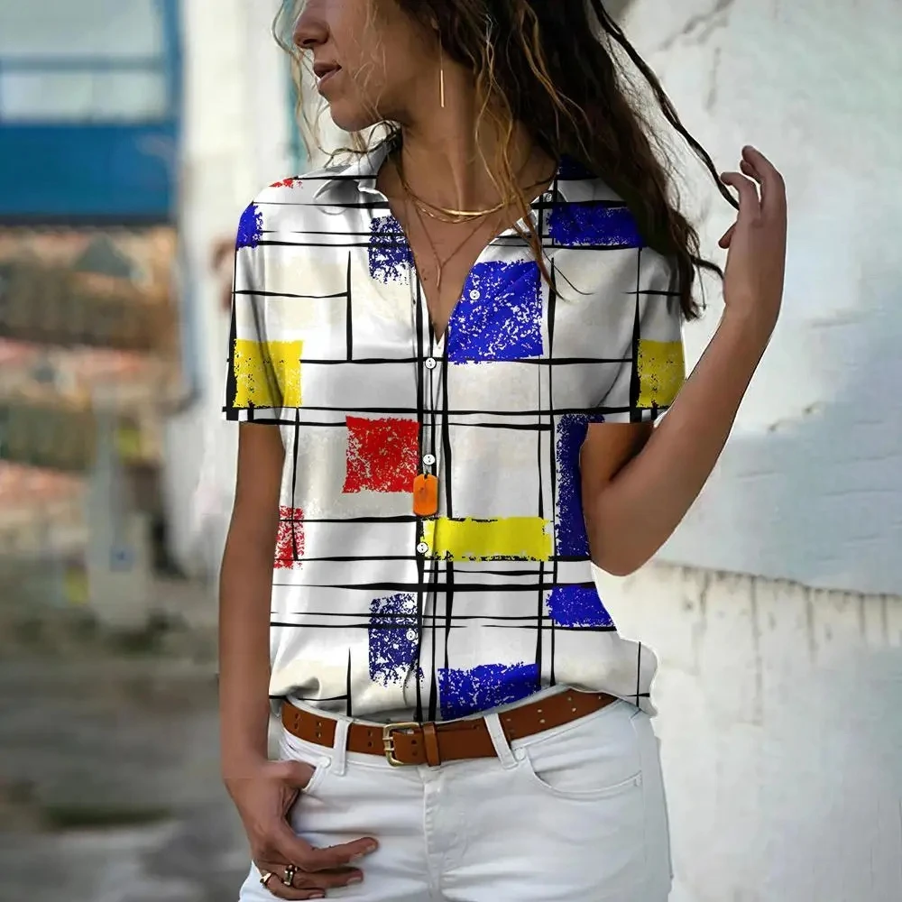 Women\\\'s Shirt Blouse Geometric Check Printing Button Shirt,Short Sleeve Casual Fashion Shirt Collar Fit 2024 Spring & Fall Tops