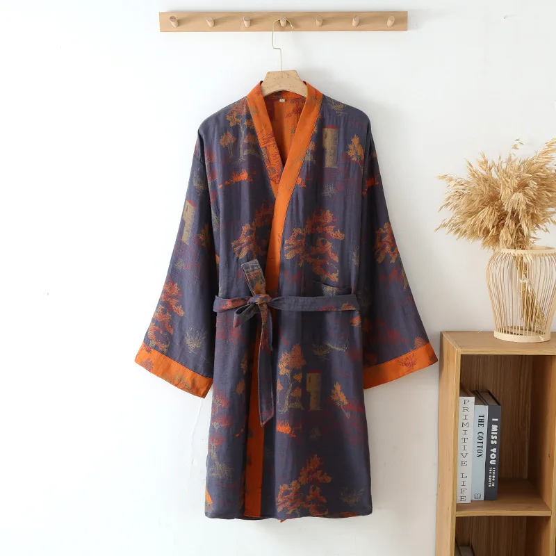 Red Yellow Printed Robe for Men Cotton Kimono Men Top Quality  Bathrobe for Spring Autumn 100% Cotton Long Style Men Kimono Robe