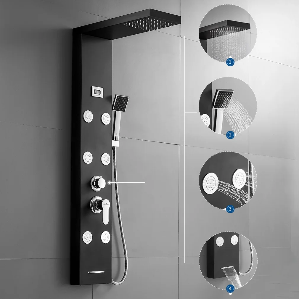 Panel de ducha negro, columna de ducha hidromasaje de 4 funciones con pantalla, acero inoxidable 304, negro, con cabezal de ducha tipo lluvia y función de cascada