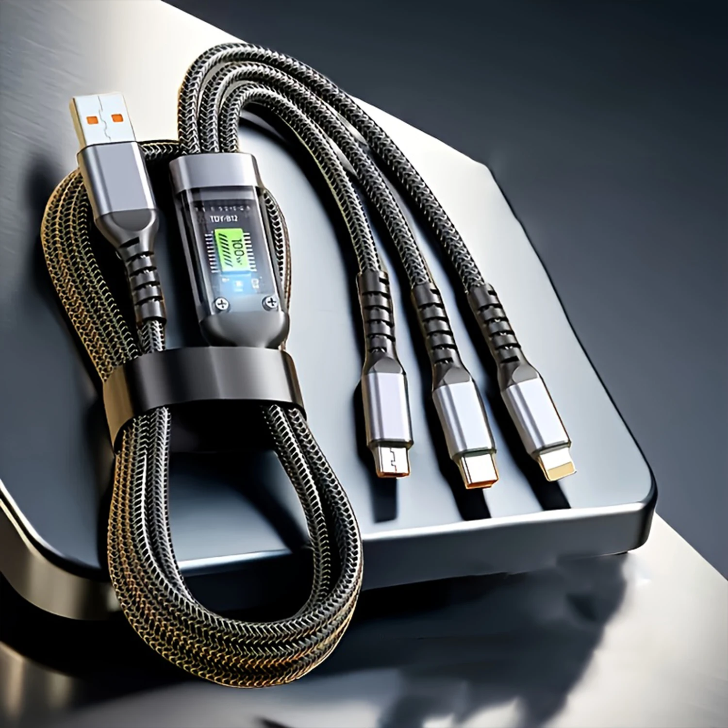 كابل شحن USB متعدد الوظائف 3 في 1، مضفر من النايلون، واجهات USB من النوع C وMicro، متوافقة مع هاتف Iphone وSamsung وXiaomi وغيرها من الهواتف المحمولة: شحن سريع عالي الطاقة.