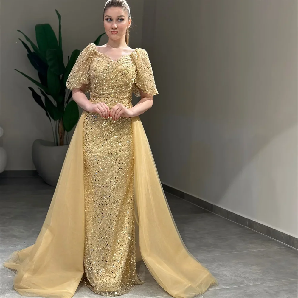 Customized Puffy Sleeves Beading Lace Evening Dress For Women Stunning Party Prom Gown With Detachable Train2024 فساتين سهرة