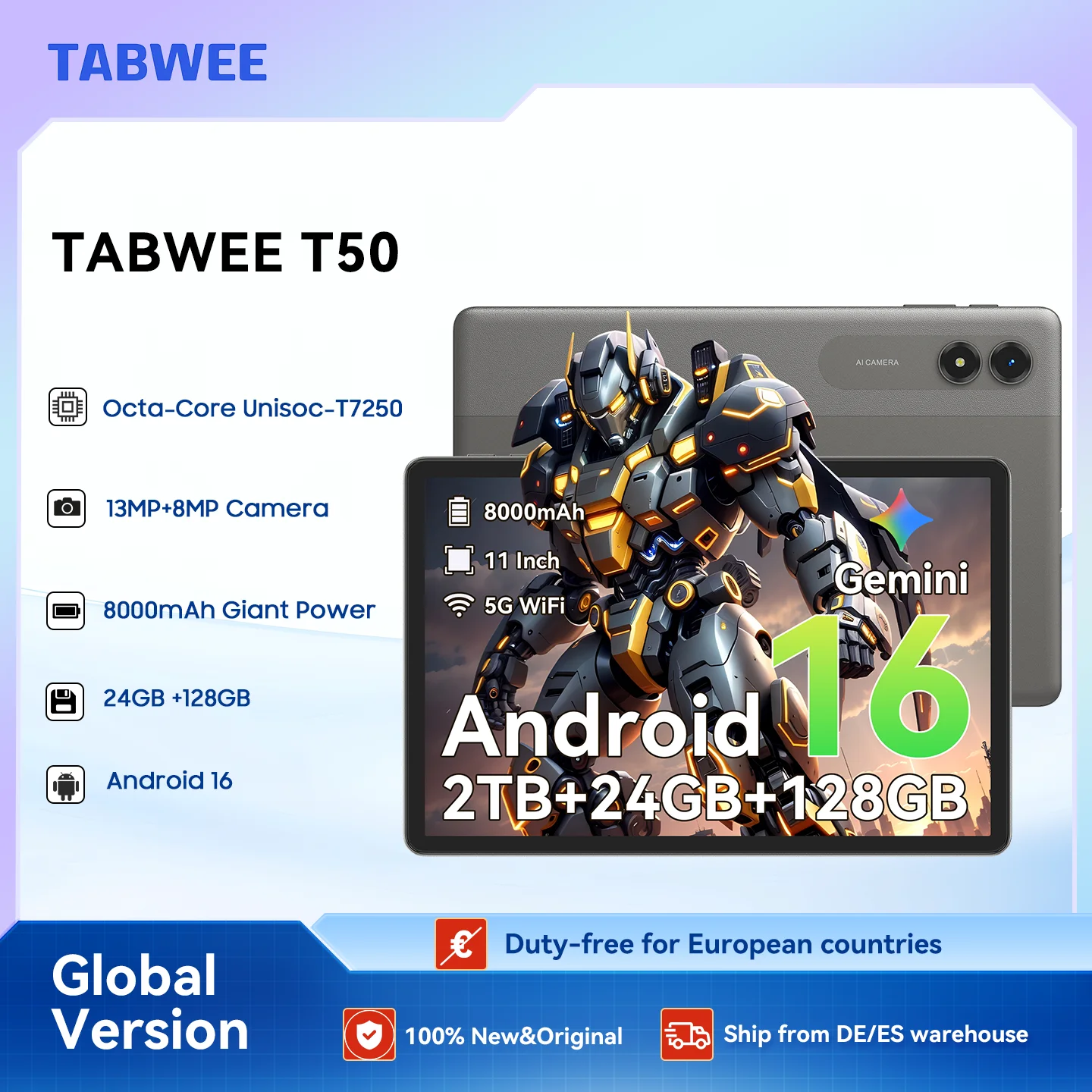 Tabwee T50 11インチ Android16 タブレット 128GB TABWEE T50 Android 16 Tablet 11 Inch 24GB+128GB Octa-Core T615